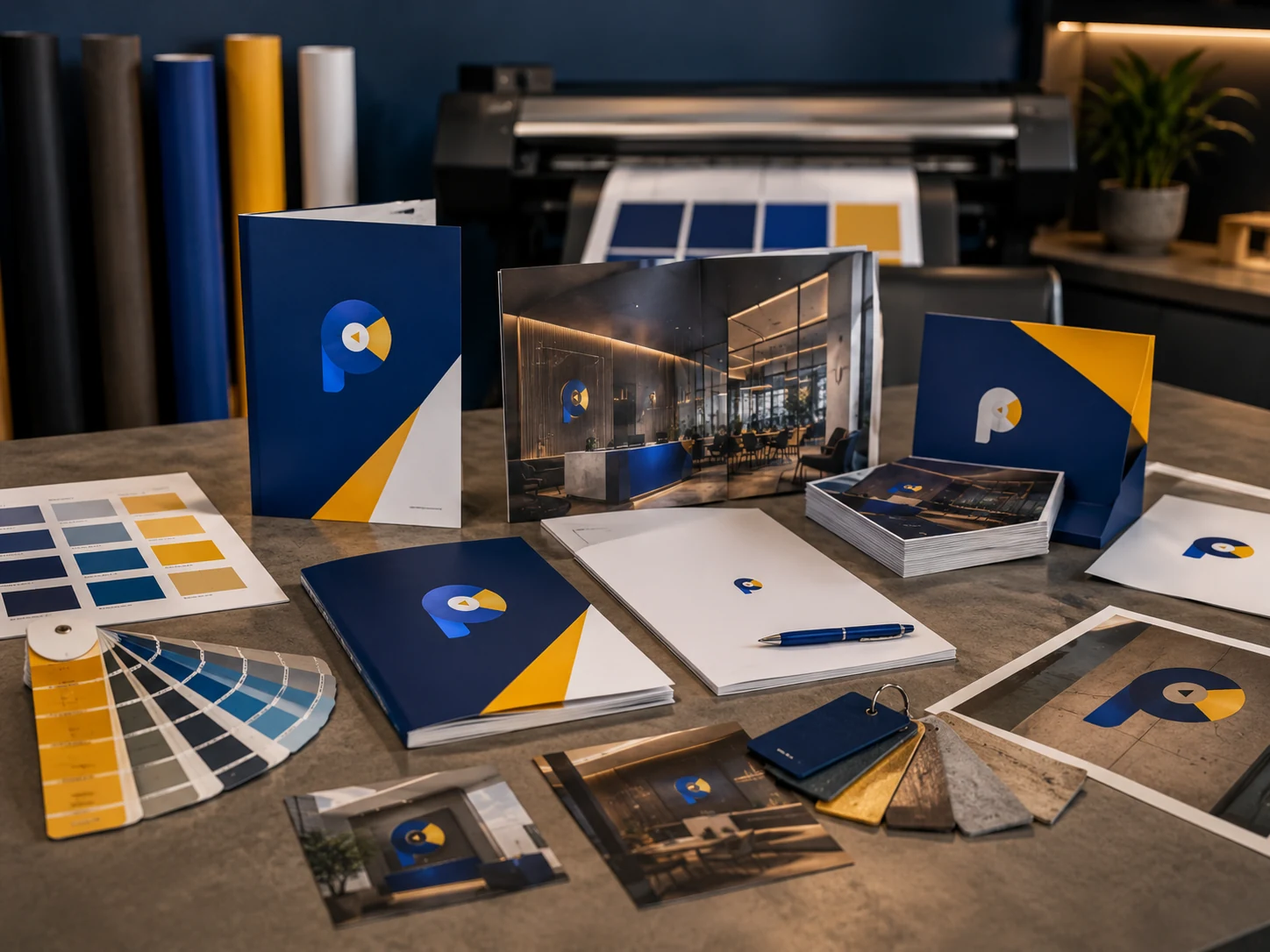 Mesa de producción gráfica con impresos, muestras de color y materiales de marca