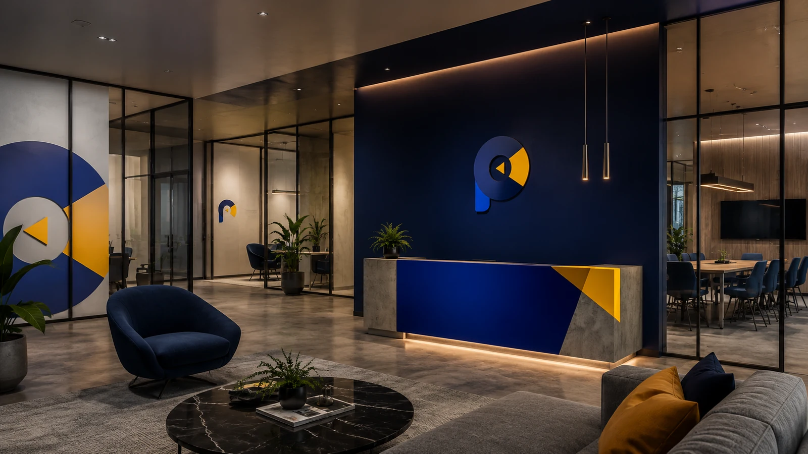 Recepción corporativa contemporánea con integración de identidad en azul y amarillo