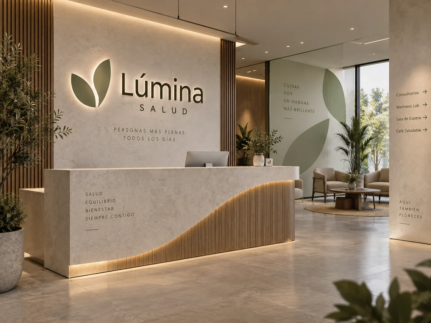 Recepción serena de Lúmina Salud con identidad espacial y señalización sutil